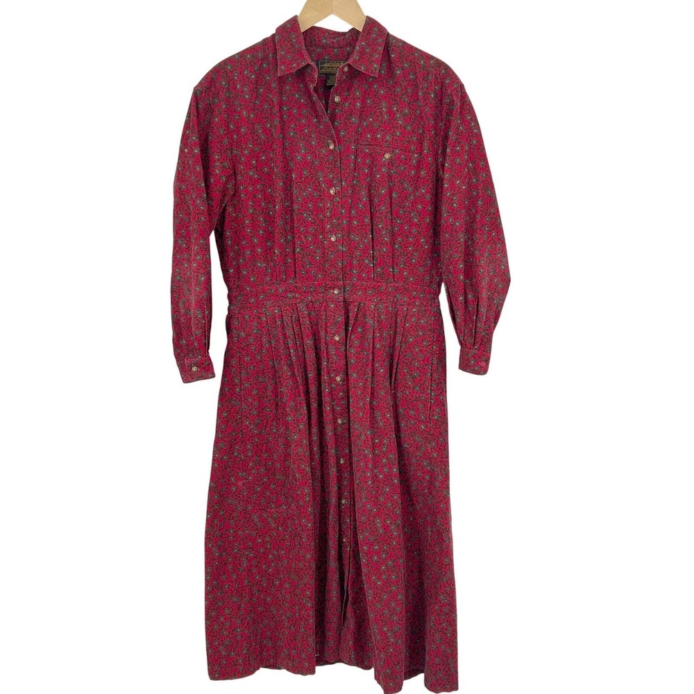Eddie Bauer Corduroy Dress Women M Petite Red Floral Midi Prairie Cottagecore - Picture 2 of 12